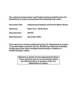 Addressing Probation and Parole Officer Stress, Final Report