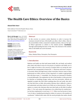 The Health Care Ethics: Overview of the Basics