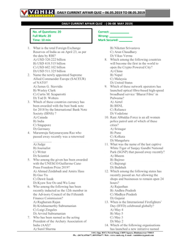 Daily Current Affair Quiz – 06.05.2019 to 08.05.2019