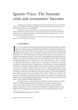 Ignazio Visco: the ﬁ Nancial Crisis and Economists’ Forecasts