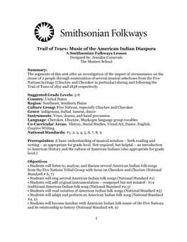 Trail of Tears: Music of the American Indian Diaspora a Smithsonian Folkways Lesson Designed By: Jennifer Carnevale the Masters School