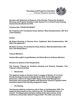 Decision with Statement of Reasons of the First-Tier Tribunal for Scotland (Housing and Property Chamber) Under Section 51 (1) O