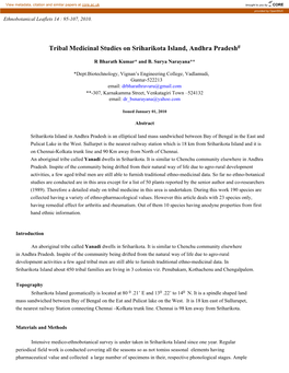 Tribal Medicinal Studies on Sriharikota Island, Andhra Pradesh