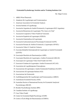 Existential Psychotherapy Societies And/Or Training Institutes List By