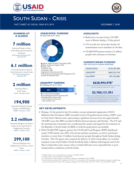 South Sudan - Crisis Fact Sheet #2, Fiscal Year (Fy) 2019 December 7, 2018