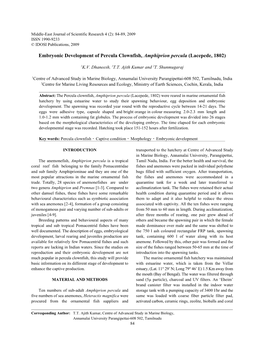 Embryonic Development of Percula Clownfish, Amphiprion Percula (Lacepede, 1802)