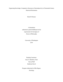 Organizing Knowledge: Comparative Structures of Intersubjectivity in Nineteenth-Century Historical Dictionaries