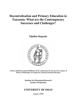 Decentralisation and Primary Education in Tanzania: What Are the Contemporary Successes and Challenges?