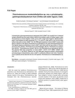 Thiorhodococcus Modestalkaliphilus Sp. Nov. a Phototrophic Gammaproteobacterium from Chilika Salt Water Lagoon, India