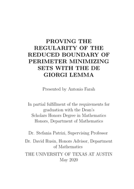 Proving the Regularity of the Reduced Boundary of Perimeter Minimizing Sets with the De Giorgi Lemma