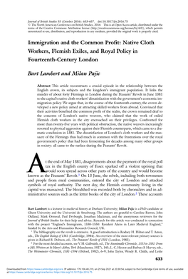 Immigration and the Common Profit: Native Cloth Workers, Flemish Exiles, and Royal Policy in Fourteenth-Century London