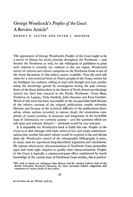 George Woodcock's Peoples of the Coast: a Review Article* ROBERT D