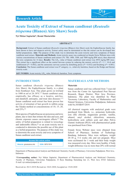 Acute Toxicity of Extract of Sunan Candlenut (Reutealis Trisperma (Blanco) Airy Shaw) Seeds Nyi Mekar Saptarini*, Resmi Mustarichie