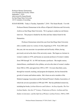 Professor Bonnie Zimmerman Vice-President for Faculty Affairs September 7, 2010 Interviewed by Susan Resnik for San Diego State