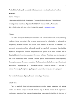 1 a Checklist of Arthropods Associated with Rat Carrion in a Montane Locality