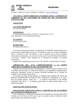 Acta De La Sesion Ordinaria Celebrada Por La Comision De Gobierno El Dia Veintitres De Marzo De Mil Novecientos Noventa Y Dos