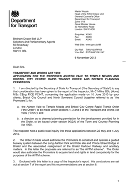 Application for the Proposed Ashton Vale to Temple Meads and Bristol City Centre Rapid Transit Order and Deemed Planning Permission