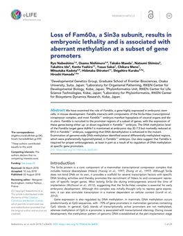 Loss of Fam60a, a Sin3a Subunit, Results in Embryonic Lethality and Is Associated with Aberrant Methylation at a Subset of Gene