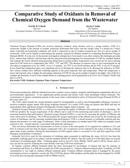 Comparative Study of Oxidants in Removal of Chemical Oxygen Demand from the Wastewater (IJIRST/ Volume 4 / Issue 1/ 011)