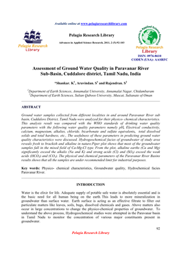 Assessment of Ground Water Quality in Paravanar River Sub-Basin, Cuddalore District, Tamil Nadu, India