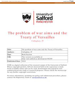 The Problem of War Aims and the Treaty of Versailles Callaghan, JT