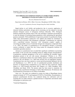 Occurrence of Nitrogen-Fixing Cyanobacteria During Different Stages of Paddy Cultivation