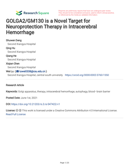 GOLGA2/GM130 Is a Novel Target for Neuroprotection Therapy in Intracerebral Hemorrhage