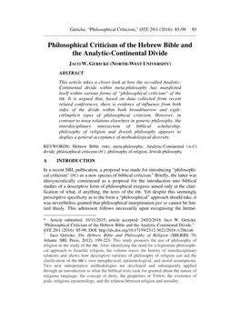 Philosophical Criticism of the Hebrew Bible and the Analytic-Continental Divide