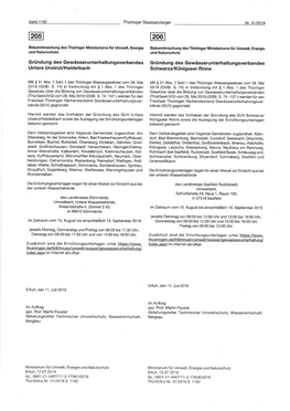Bekanntmachung Des Thüringer M¡Nisteriums Fi¡R Umwett, Energie Bekanntmachung Des Thüringer Ministeriums Für Umwelt, Energ¡E Und Naturschutz Und Naturschutz