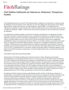 Fitch Ratifica Calificación De Televisa En 'AAA(Mex)'; Perspectiva Estable