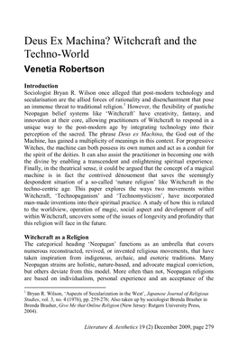 Deus Ex Machina? Witchcraft and the Techno-World Venetia Robertson