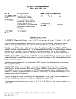 House of Representatives Final Bill Analysis Summary