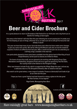 Beer and Cider Brochure It's a Great Pleasure to Return to Shrewsbury Folk Festival for Our Third Year and a Big Thank You to Sandra for Inviting Us Back Again