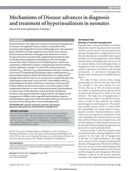 Mechanisms of Disease: Advances in Diagnosis and Treatment of Hyperinsulinism in Neonates Diva D De León and Charles a Stanley*