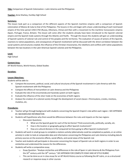 Comparison of Spanish Colonization—Latin America and the Philippines