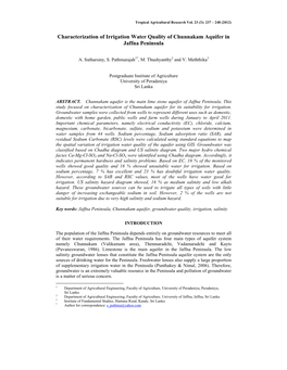 Characterization of Irrigation Water Quality of Chunnakam Aquifer in Jaffna Peninsula