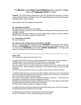 The Minutes of the Parish Council Meeting Held in Upchurch Village Hall on 5Th September 2019 at 7.30Pm