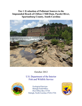 Tier 1 Evaluation of Pollutant Sources to the Impounded Reach of Clifton 2 Mill Dam, Pacolet River, Spartanburg County, South Carolina