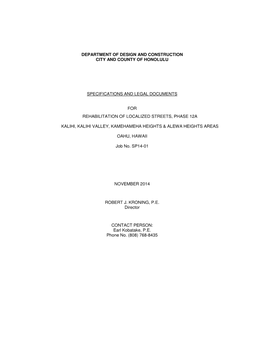 Department of Design and Construction City and County of Honolulu Specifications and Legal Documents for Rehabilitation of Local