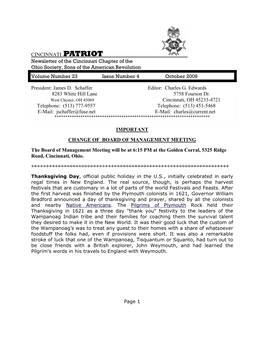 CINCINNATI PATRIOT Newsletter of the Cincinnati Chapter of the Ohio Society, Sons of the American Revolution Volume Number 23 Issue Number 4 October 2009