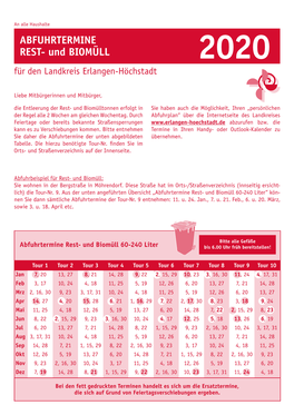 ABFUHRTERMINE REST- Und BIOMÜLL 2020 Für Den Landkreis Erlangen-Höchstadt