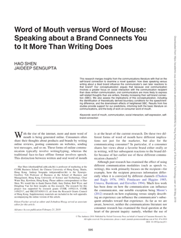 Word of Mouth Versus Word of Mouse: Speaking About a Brand Connects