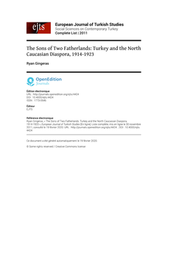 European Journal of Turkish Studies , Complete List the Sons of Two Fatherlands: Turkey and the North Caucasian Diaspora, 1914-1923 2