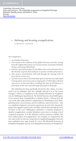 1 Defining and Locating Evangelicalism TIMOTHY LARSEN