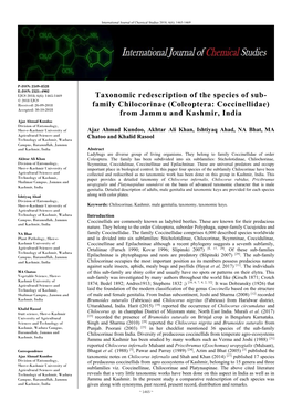 Taxonomic Redescription of the Species of Sub- Family Chilocorinae