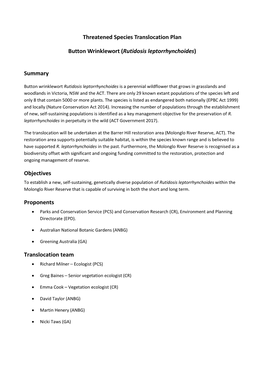 Threatened Species Translocation Plan Button Wrinklewort (Rutidosis