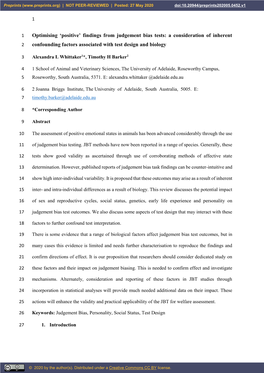 Findings from Judgement Bias Tests: a Consideration of Inherent 2 Confounding Factors Associated with Test Design and Biology