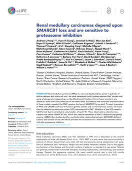 Renal Medullary Carcinomas Depend Upon SMARCB1 Loss And