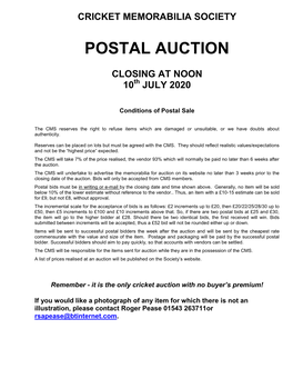Cricket Memorabilia Society Postal Auction Closing at Noon 10