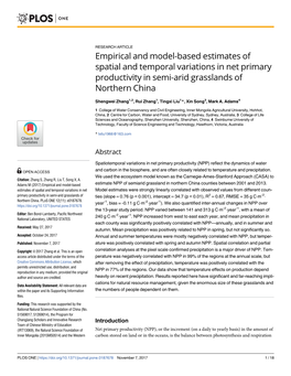 Empirical and Model-Based Estimates of Spatial and Temporal Variations in Net Primary Productivity in Semi-Arid Grasslands of Northern China